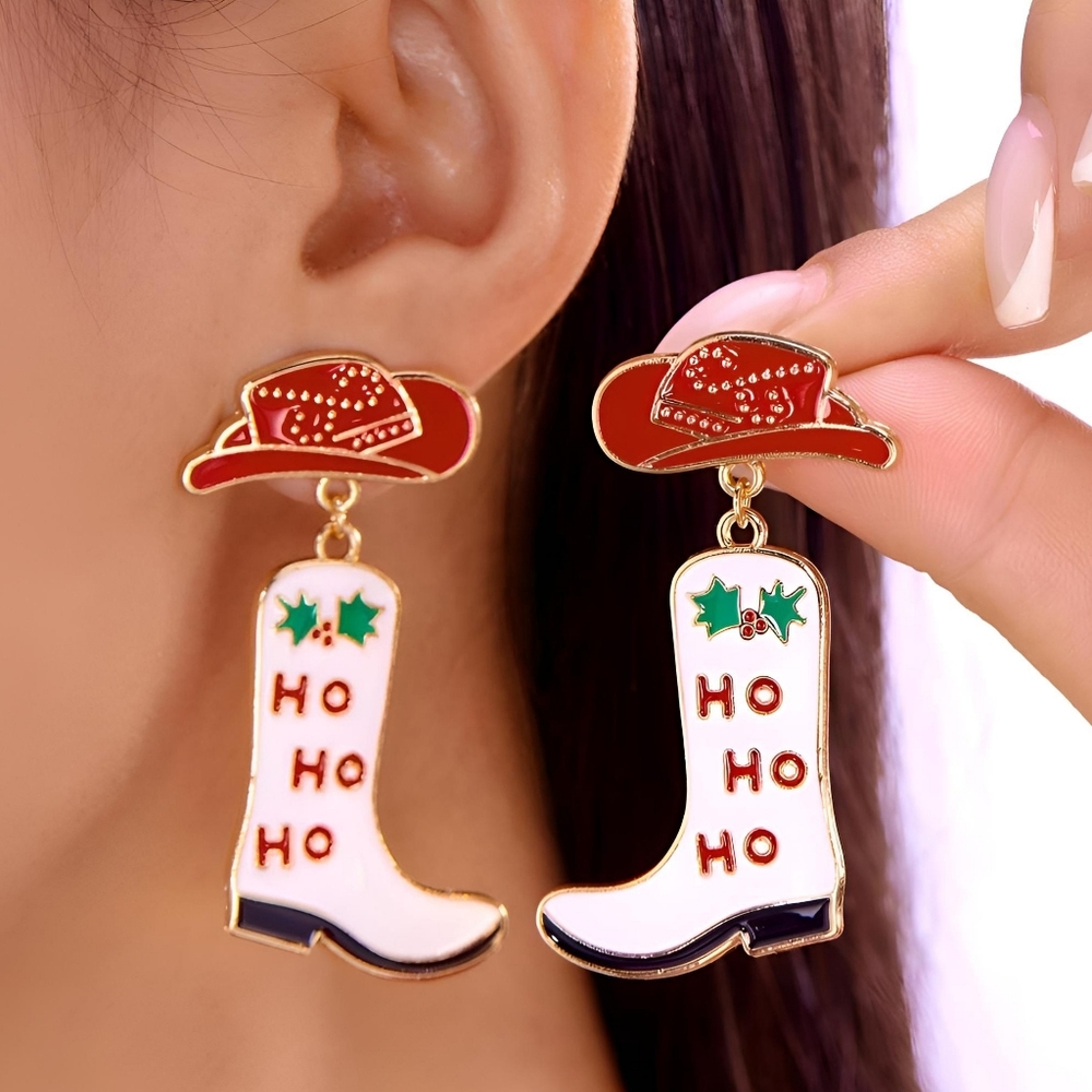 18K Cowboy Boot Ho Ho Christmas Dangle Earrings Festive Western Cowgirl Jewelry